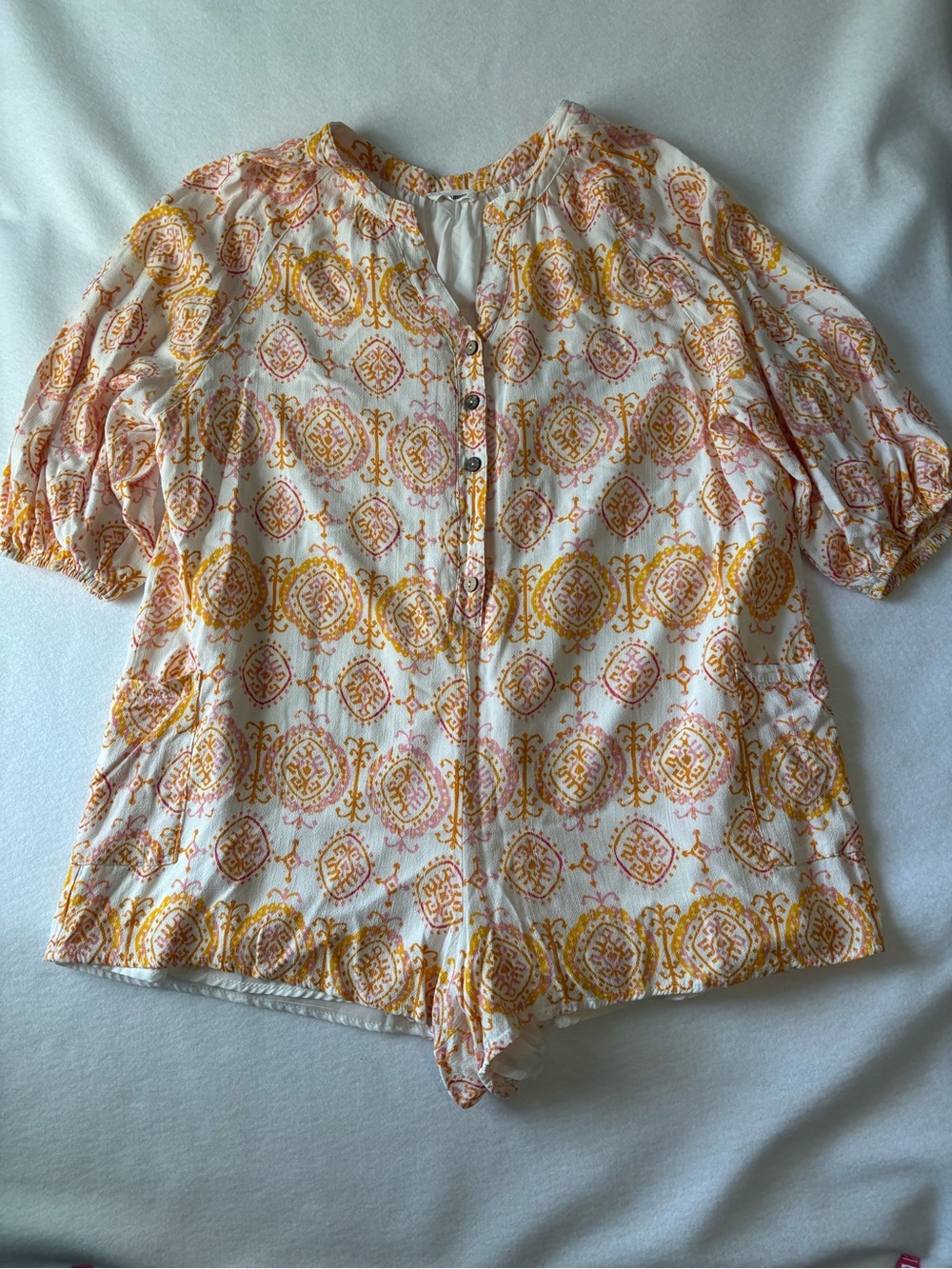 Paisley Print Romper in White with Yellow & Pink Women